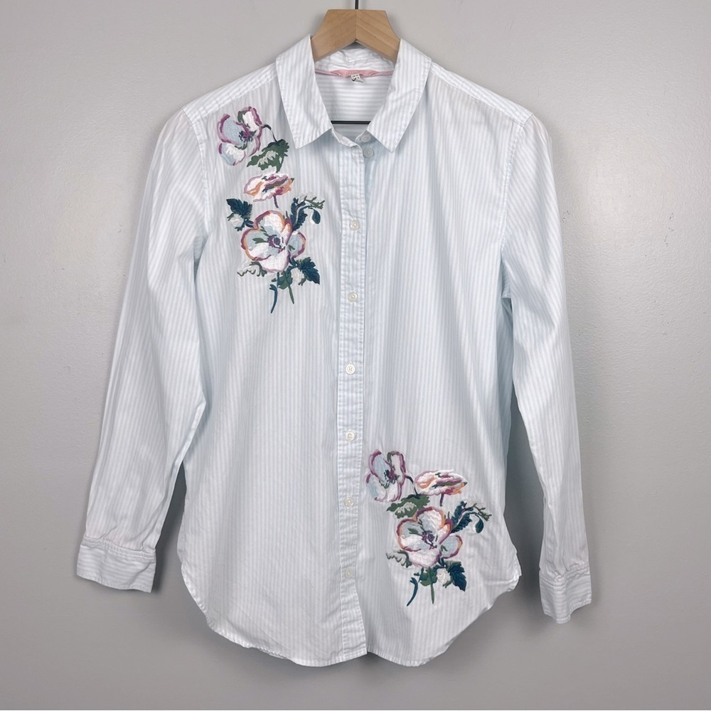 Joules Laurel embroidered blue & white button front shirt, size US 8.